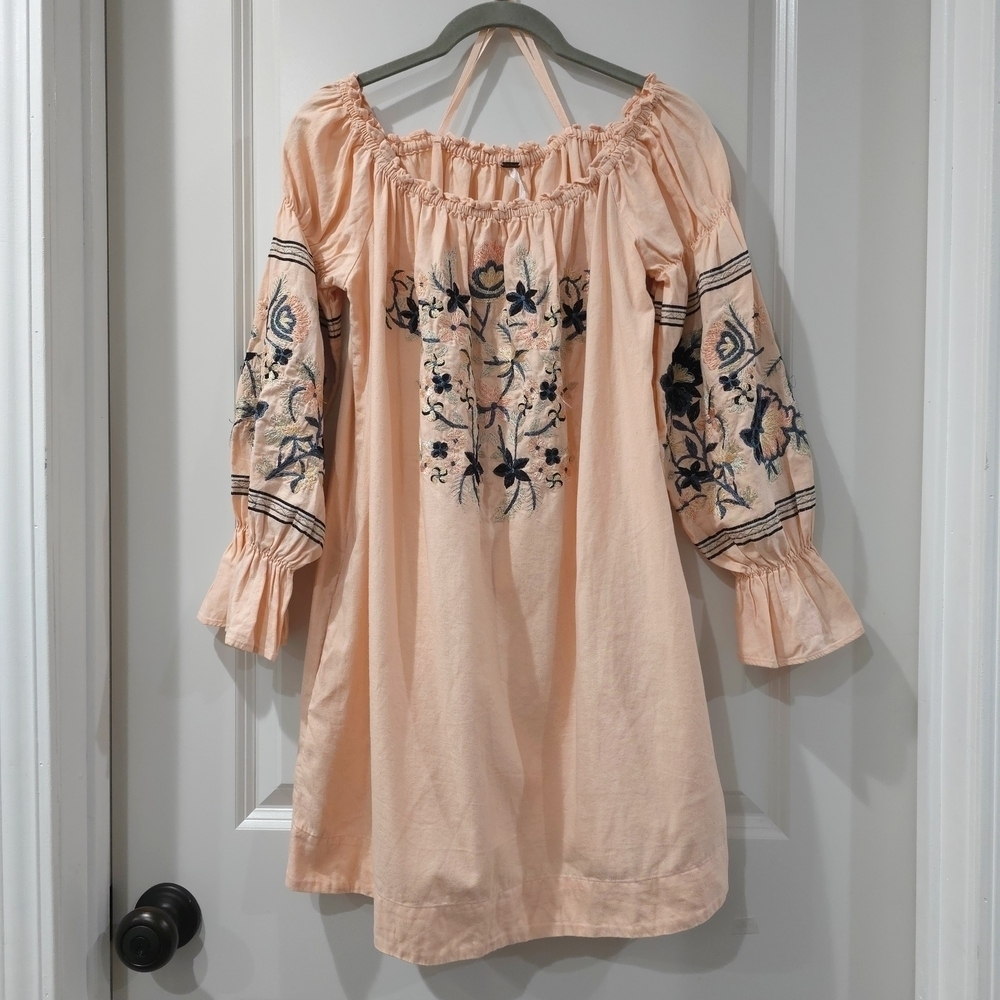 FREE PEOPLE Floral Embroidered Peasant Off The Shoulder Mini Dress, Size XS - Picture 3 of 15